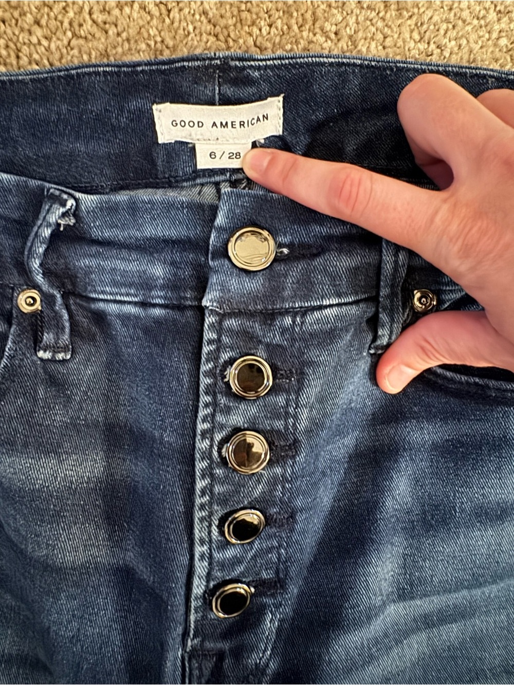 Good American Dark Blue High-Rise Jeans with Gold Button